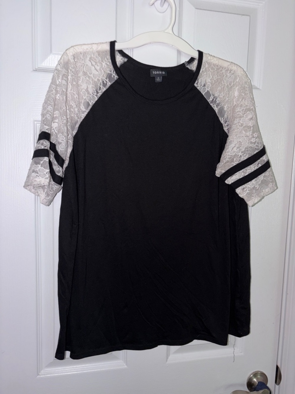 torrid Black Tee with White Lace Raglan Sleeves and Stripe Accents